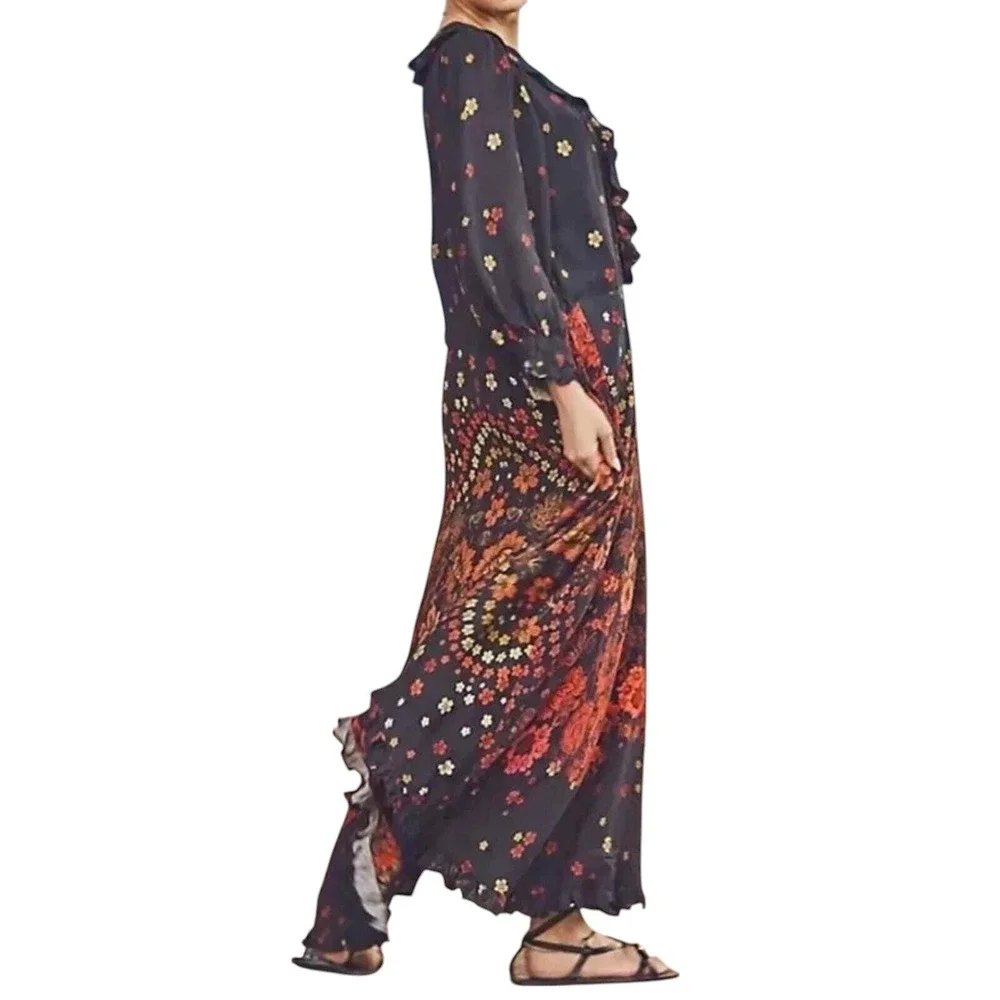 Free People Talsey ruffled‎ Maxi Dress in black combo size small